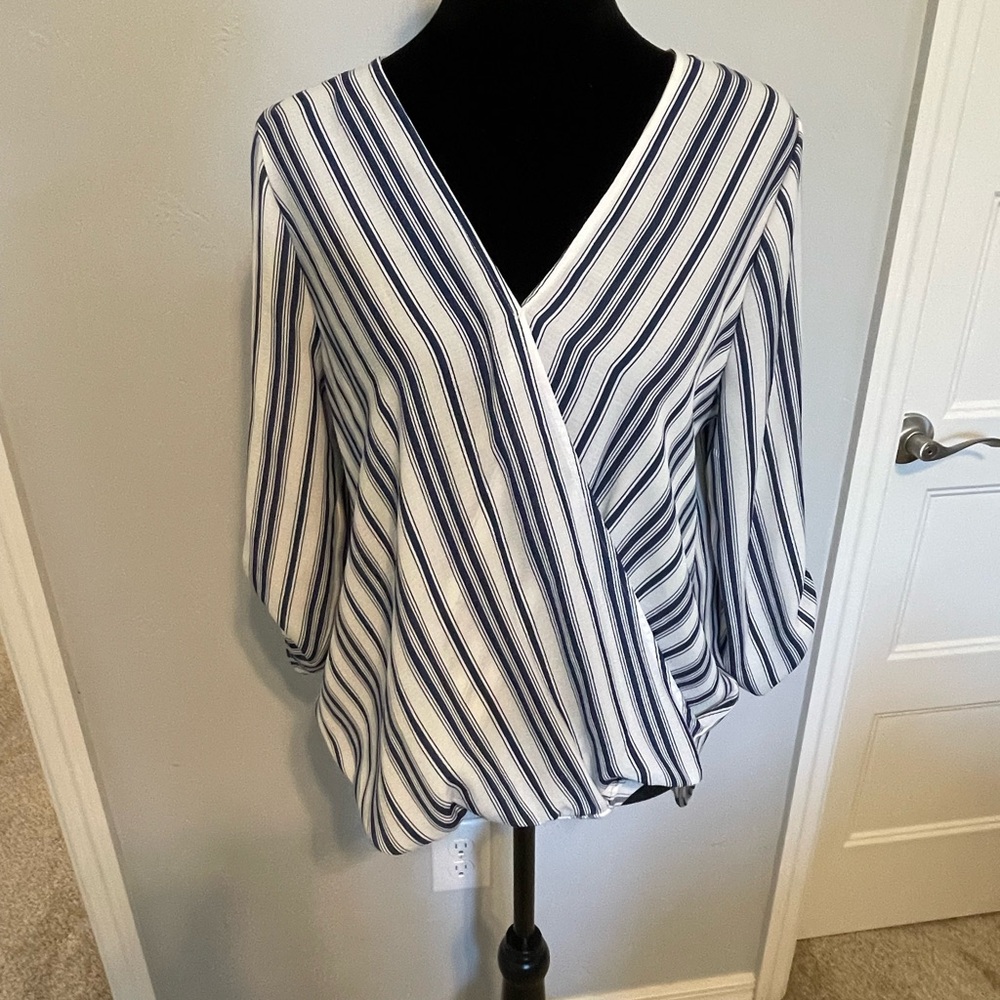 Blue and white cross front blouse